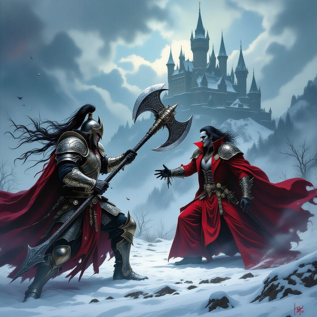 Warrior vs Vampire in Dark Gothic Horror Style