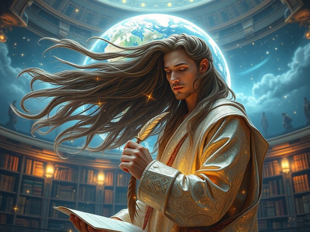 Celestial Cartographer in Cosmic Library, Fantasy Art