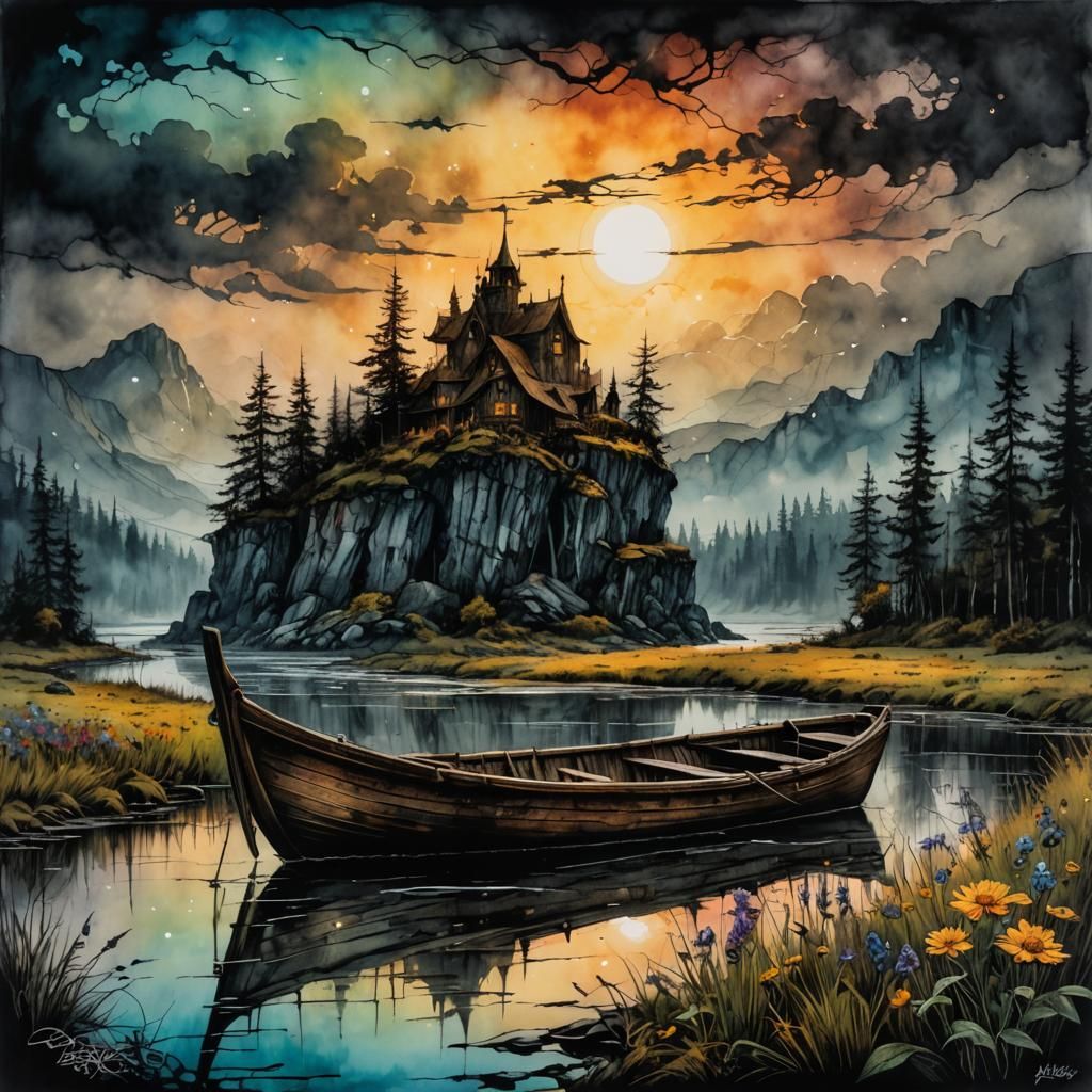 River Boat at Sunset: Modern Ink Steampunk Painting
