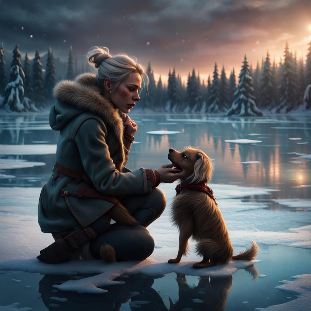 Joyful Reunion on Frozen Lake: Dark Fantasy Art
