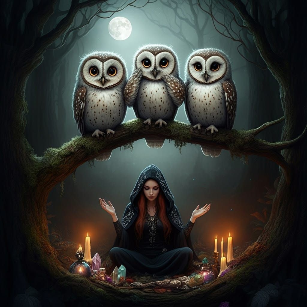 Mystical Owl Gathering under Full Moon