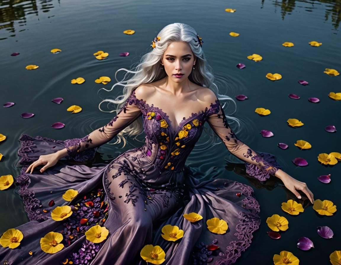 Woman in Purple Gown Swimming in Lake