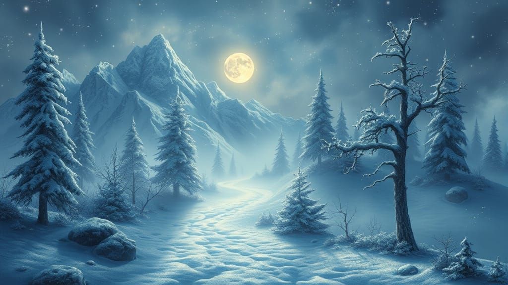Surreal Winter Polar Night Scene in Whimsical Fantasy Style