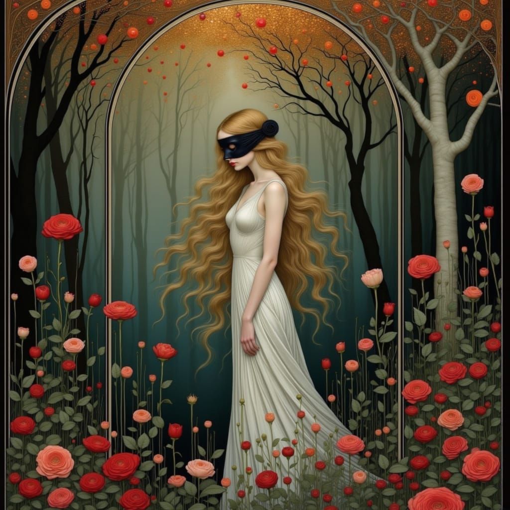 Surreal Masquerade Ball in a Hidden Grove, in Folk Art Nouve...