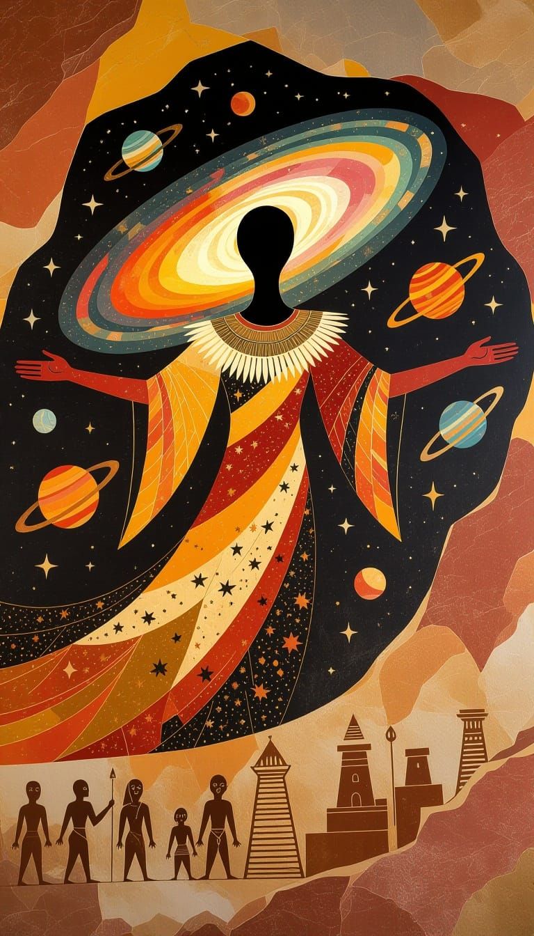 Ancient Cave Art: Cosmic Entity in Swirling Galaxy