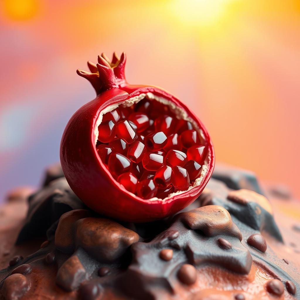 A true surreal landscape made of plasticine: an open pomegranate sparkling with shiny red beads, surrounded by colourful...