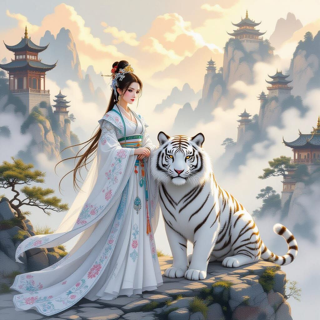 Princess and White Tiger on Misty Peak