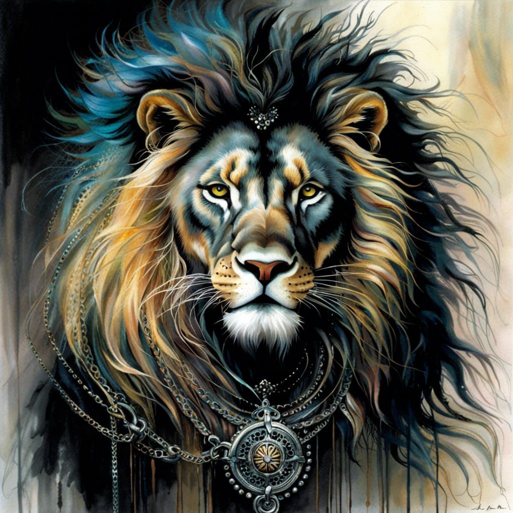 Punk Rock Lion Portrait Inspired by Luis Royo
