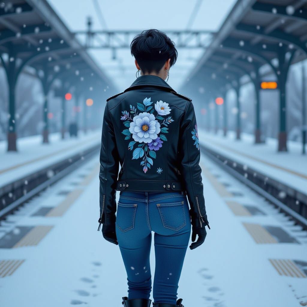 Woman on Snowy Train Platform in Winter Style