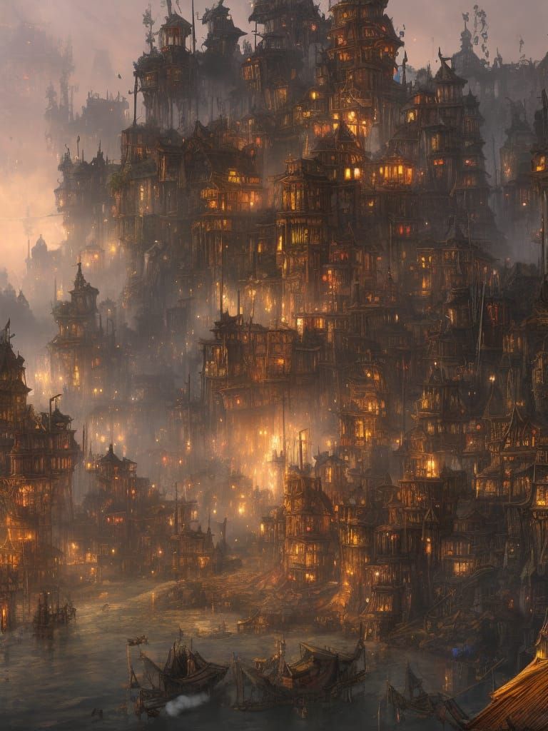 Fantasy Shantytown on Stilts: Detailed Matte Painting