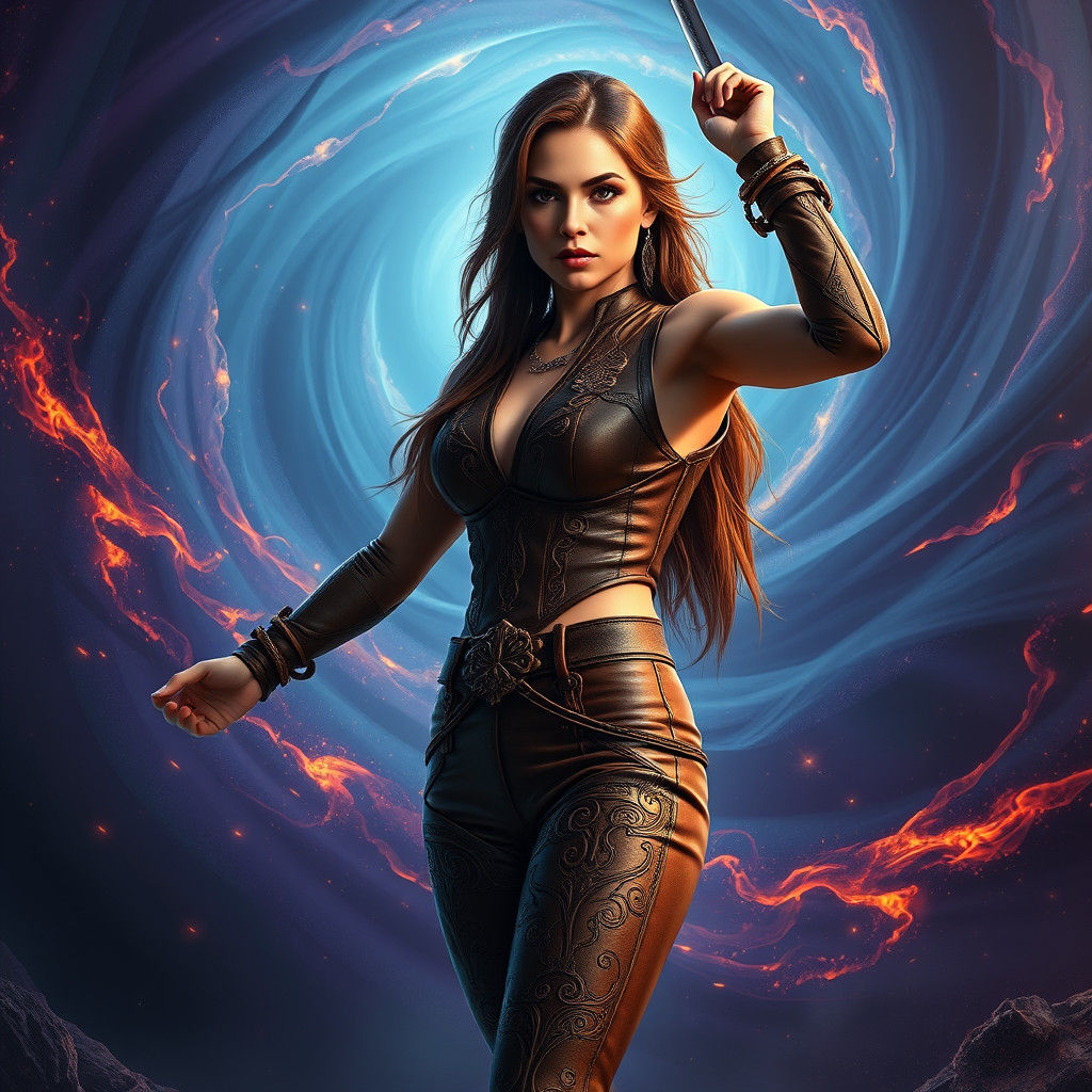 Woman in Leather Hot Pants in Mystical Realm