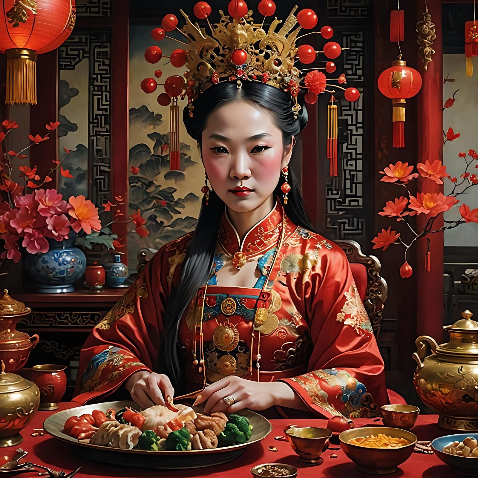 Stunning Chinese Empress Feast, Surreal Digital Art