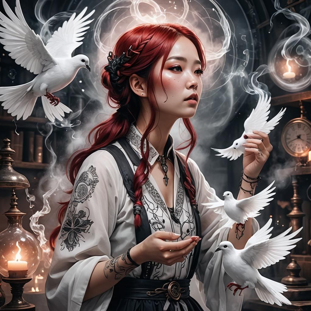 Asian Girl with Magical Dove in Laboratory: Anime Art
