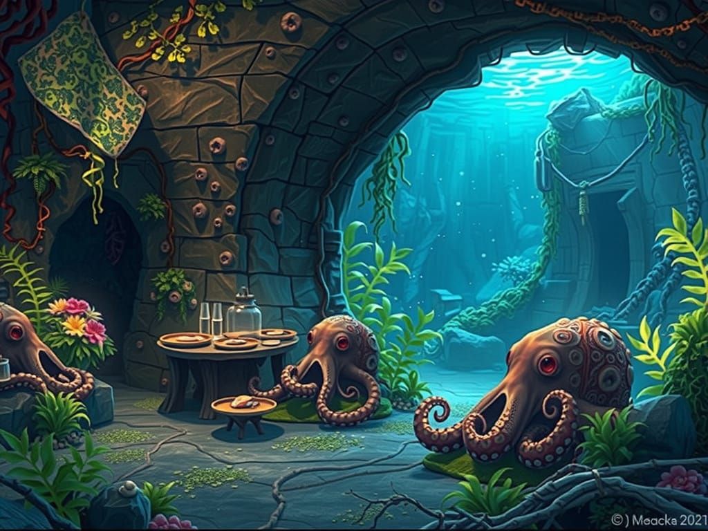 Octopus People Savor Seafood in Bioluminescent Garden