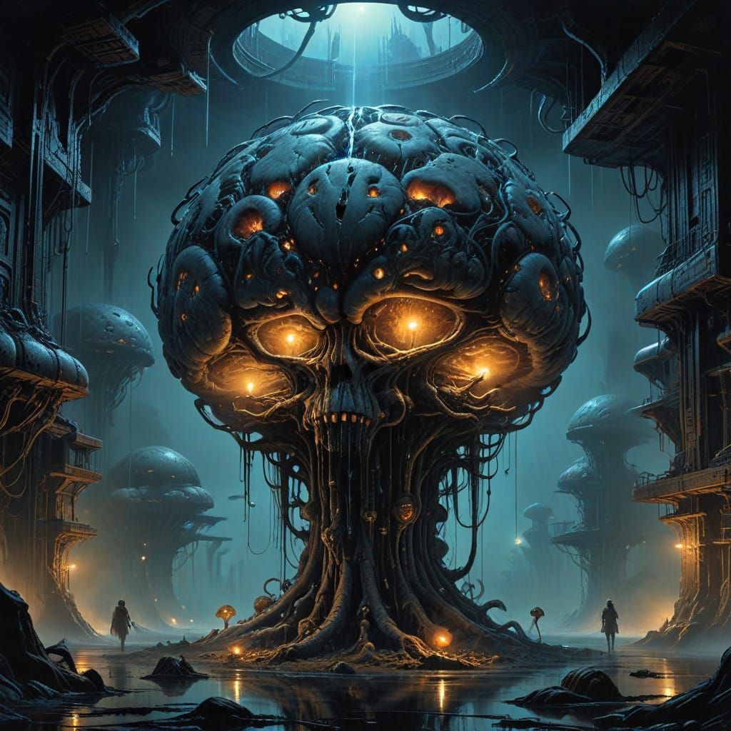 Grotesque Biomechanical Mother Brain in Ominous Space Chambe...