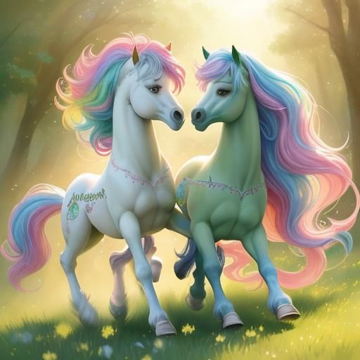 Pastel Magical Realism. Medium shot. Two happy gay My Little...