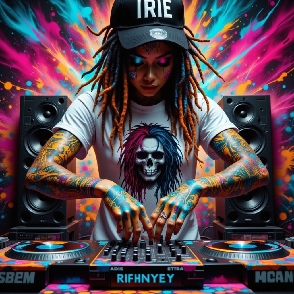 DJ Mixing Music Mural with Vibrant Tattoos and Dreadlocks