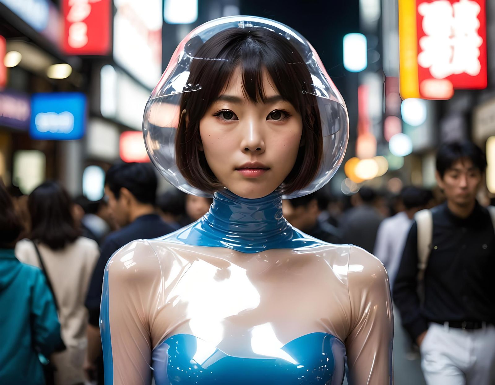 Young Japanese Woman in Skintight Plastic Outfit