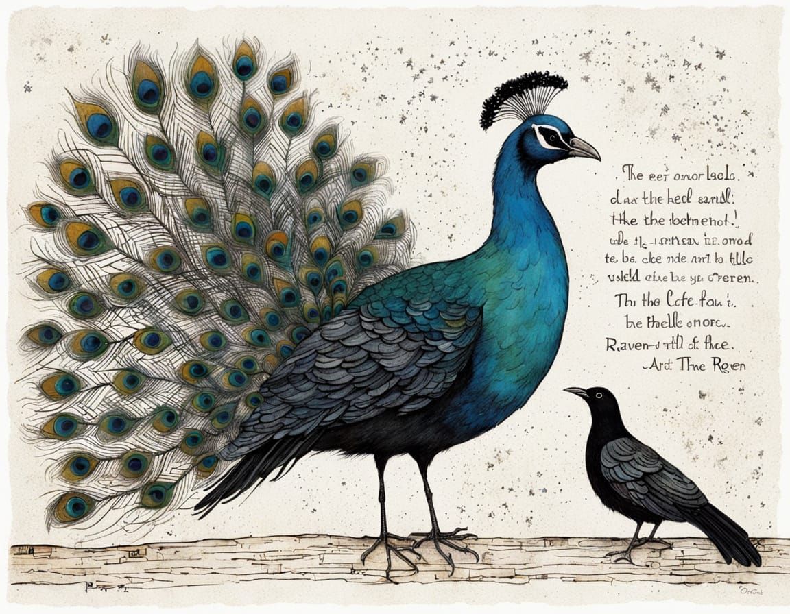 Whimsical Peacock and Raven Duo