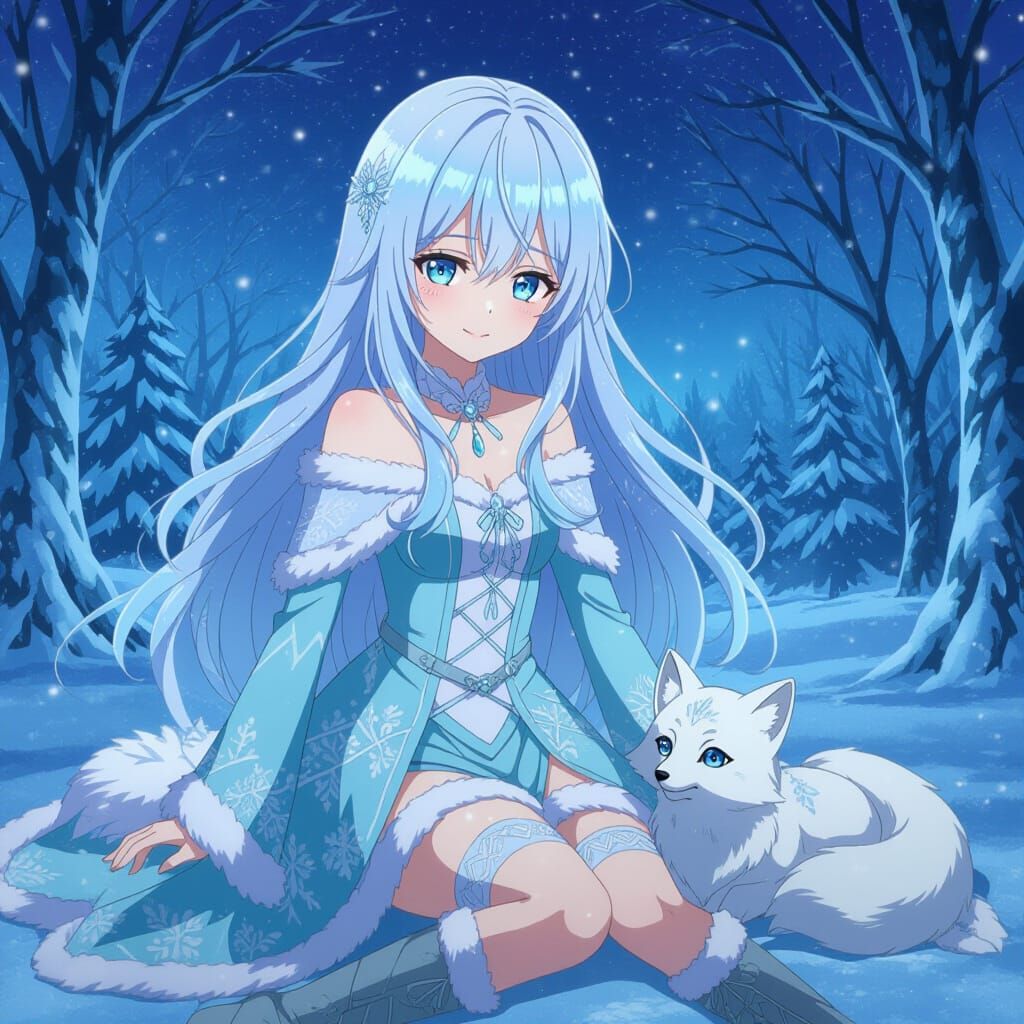 Anime Girl in Snowy Forest with Arctic Fox