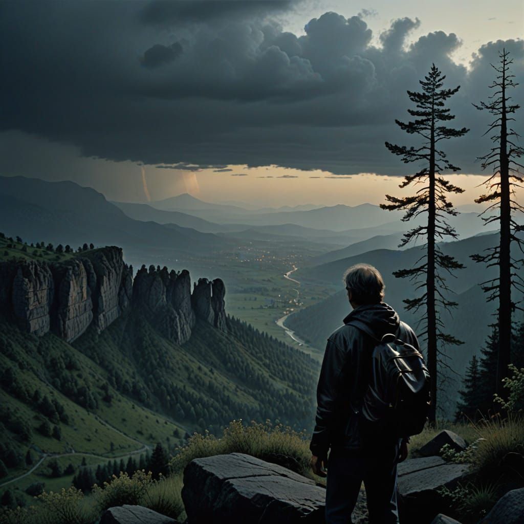 Lone Traveler at Cliff's Edge in Hyperrealistic HDR