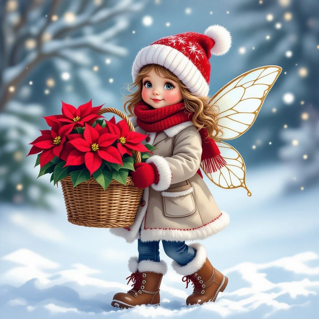 Cute Winter Fairy with Poinsettias in Magical Sparkles