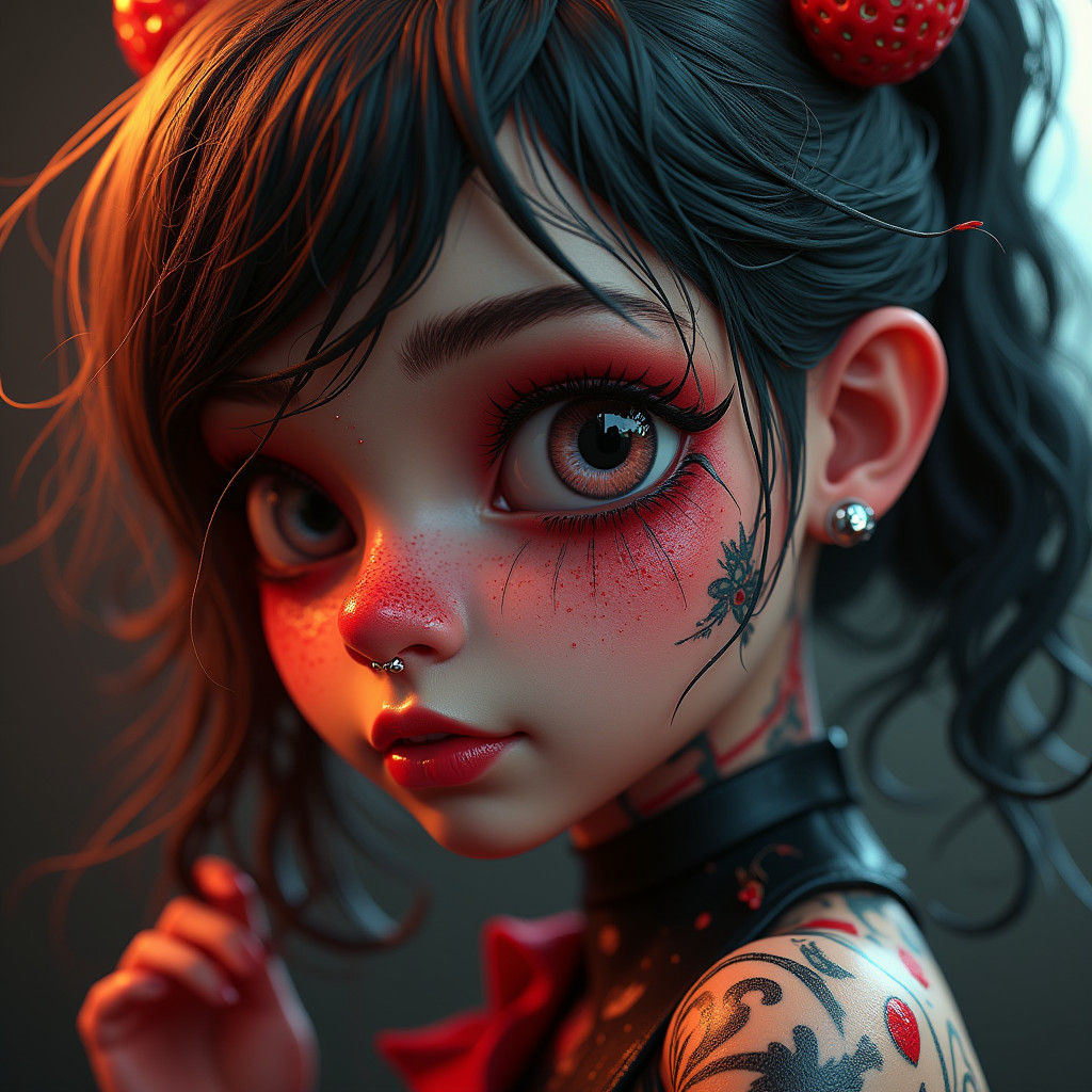 Gothic Strawberry Shortcake with Tattoos: 3D Rendering