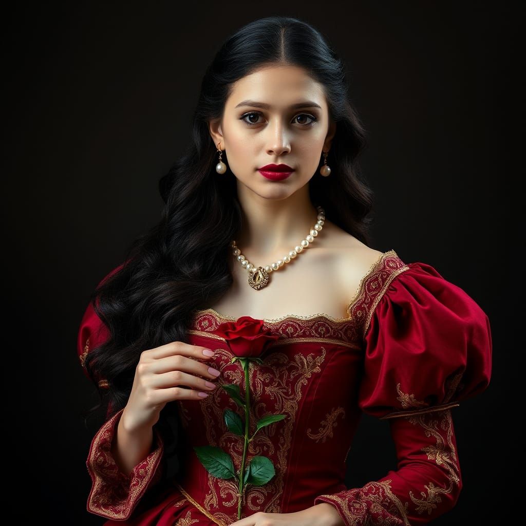 Renaissance Woman in Crimson Gown Portrait