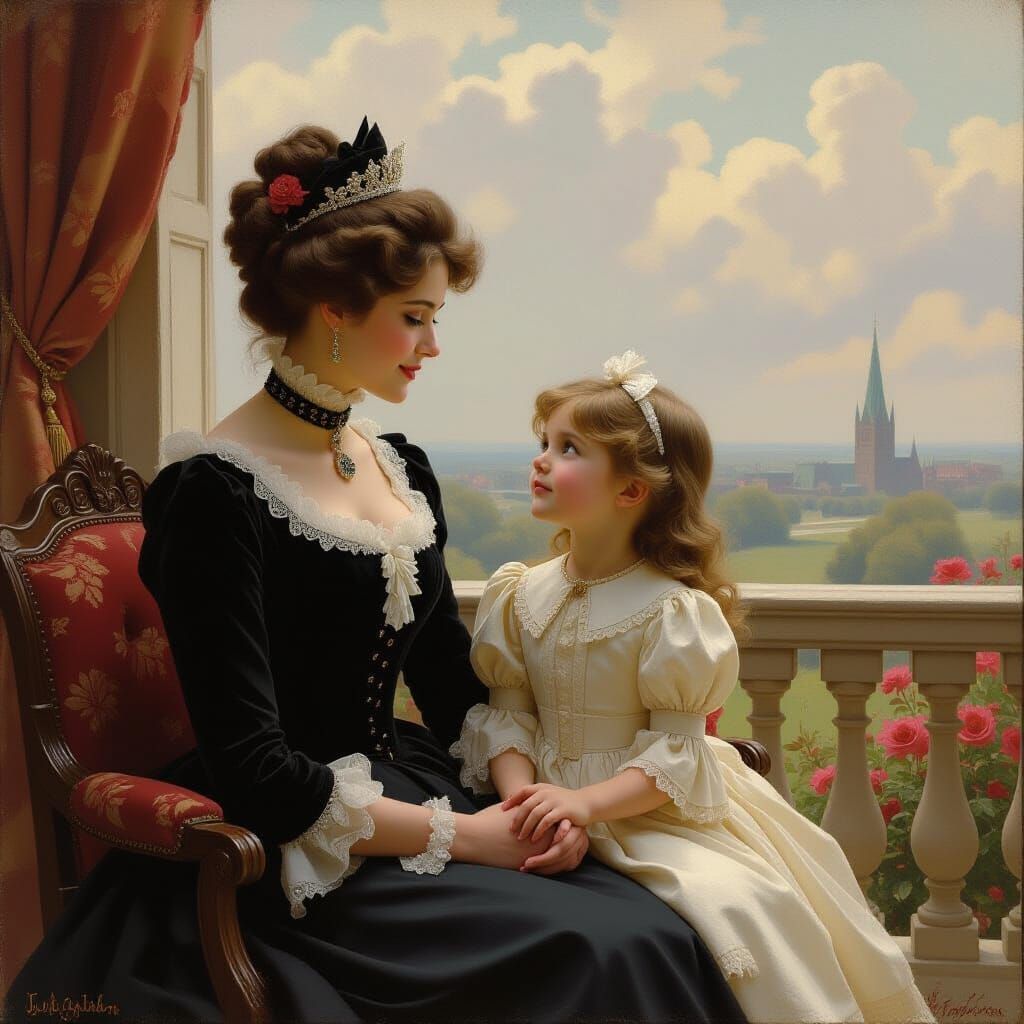 Victorian Princess with Governess: Oil Painting