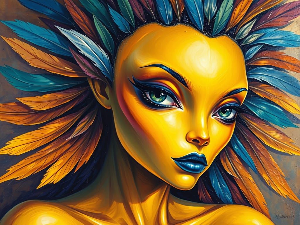Golden Alien Goddess in Vibrant Neo-Impressionist Style