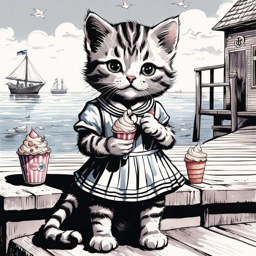 Tabby Kittens Enjoying Ice Cream: Watercolour Comic Art
