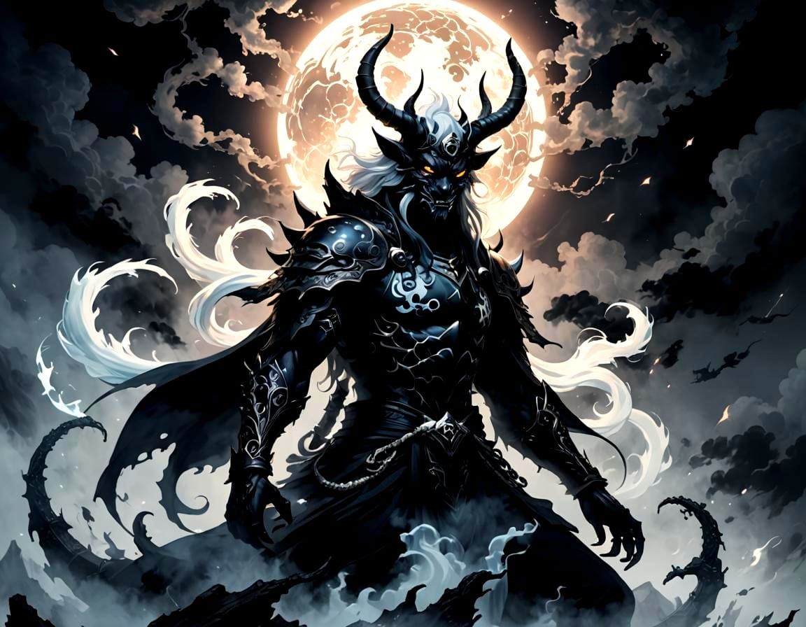 Anime Shadow Demon with Runes and Glowing Horns