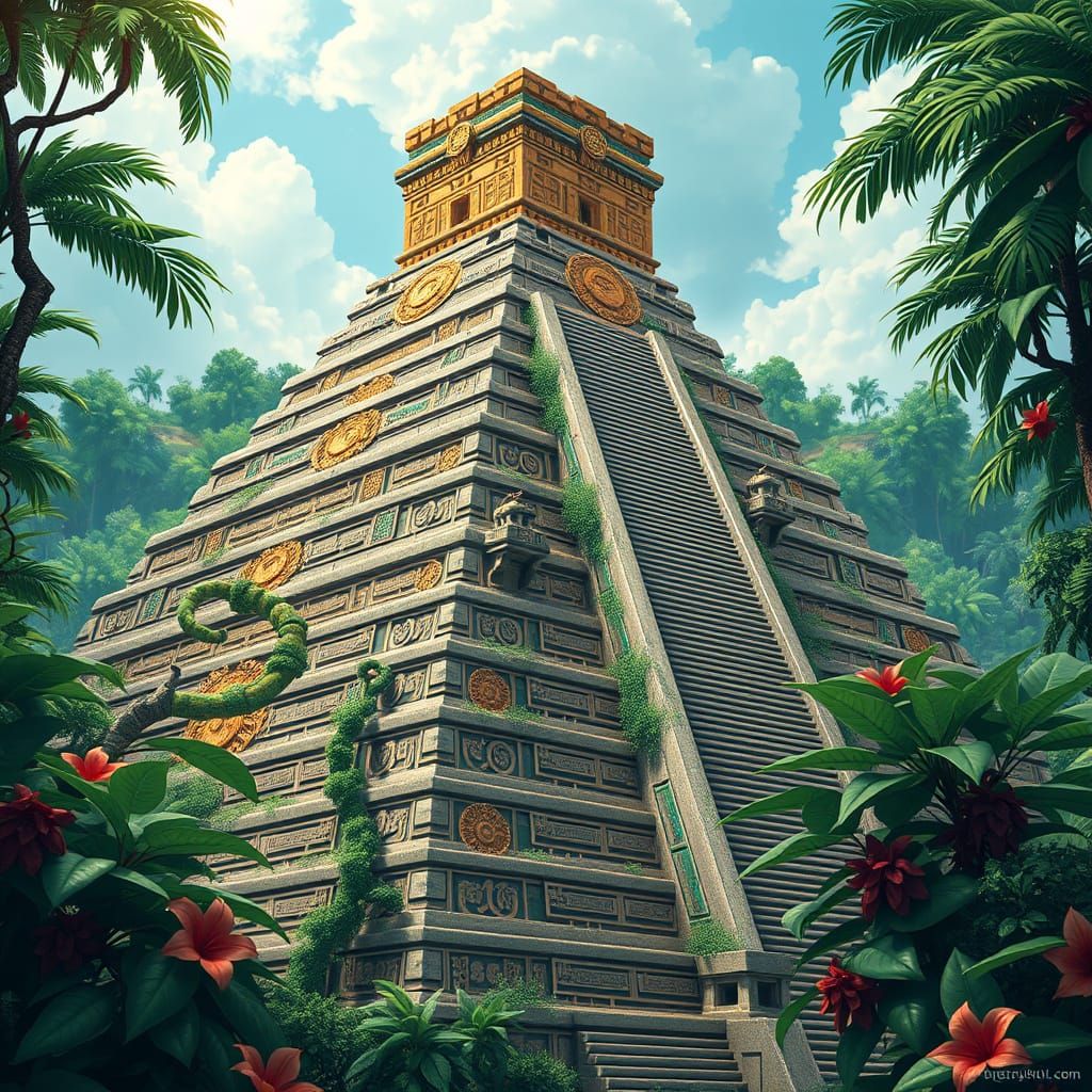 Majestic Aztec Pyramid in Vibrant Anime Style