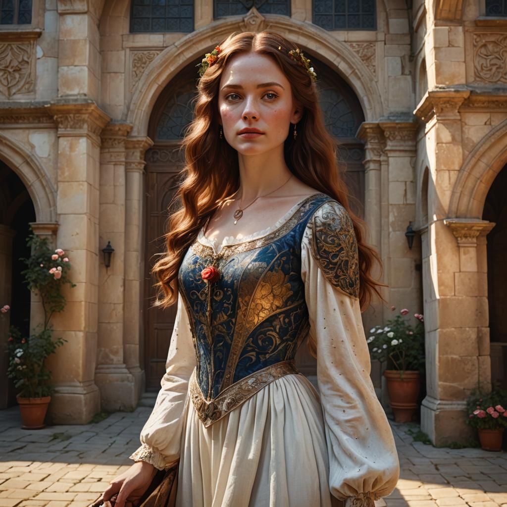 Renaissance Woman in European Courtyard