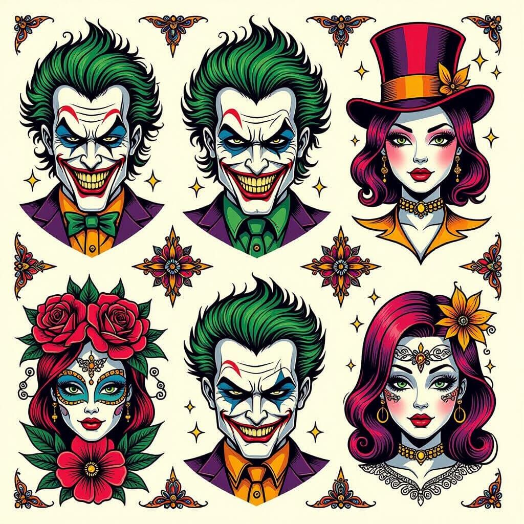 Vibrant Tattoo Sheet Featuring Joker Action Figures