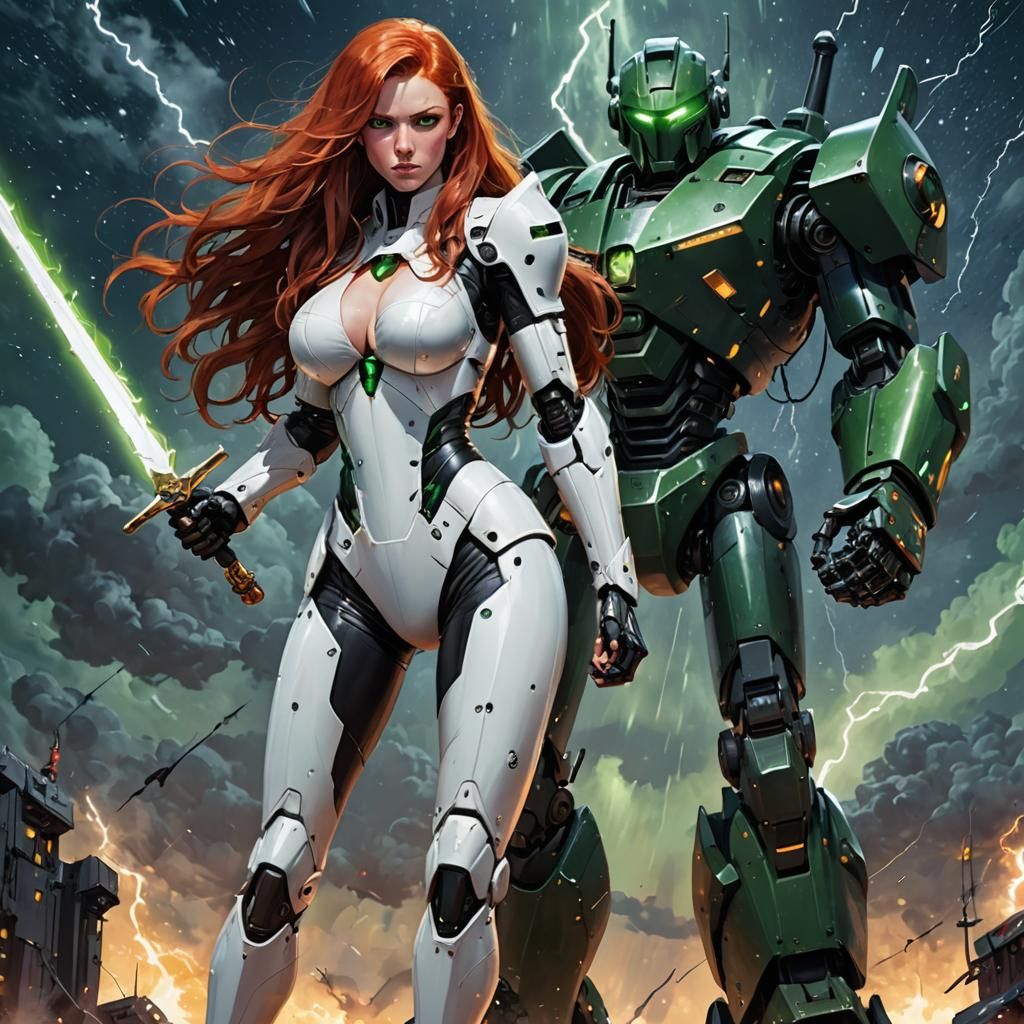 Redhead Warrior Battling Robot Under Starry Sky