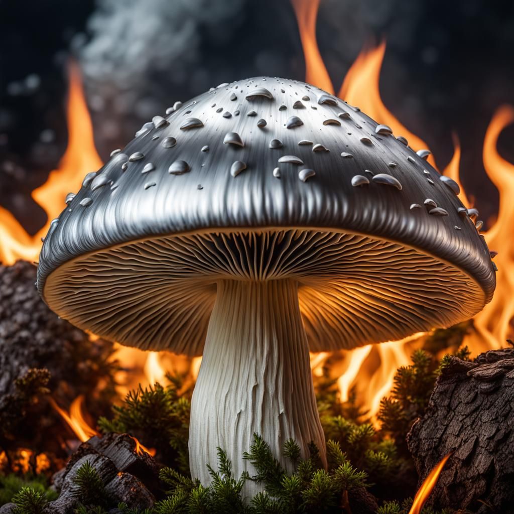 Hyperrealistic Silver Mushroom with Flames
