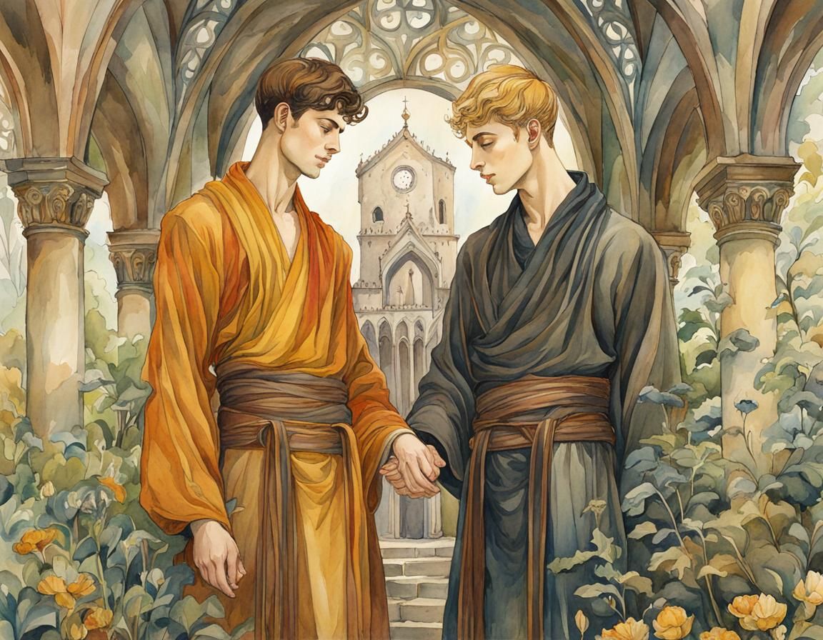 Handsome Gay Monks in Enchanting Watercolor Garden Setting