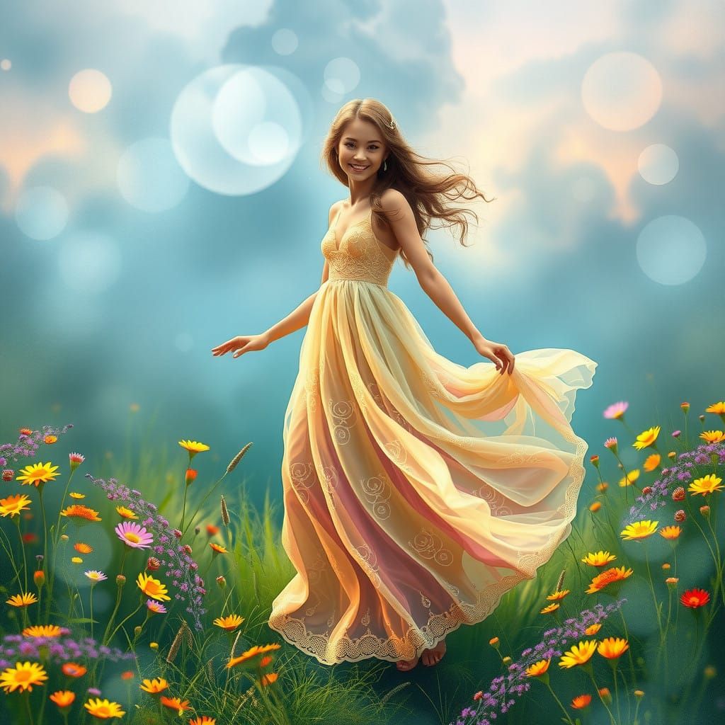 Whimsical Woman Embodies Carefree Spirit in Vibrant Meadow