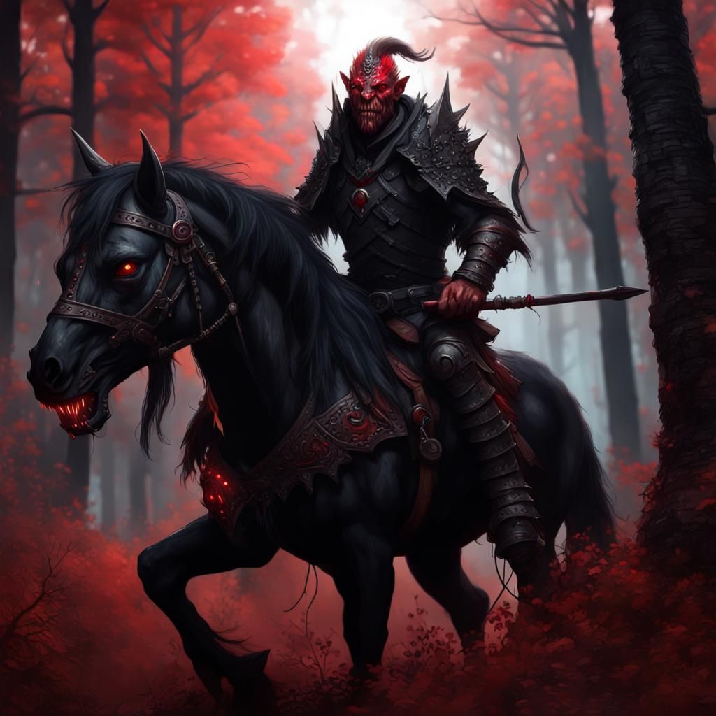 Red Goblin Raider on Black Horse in Forest