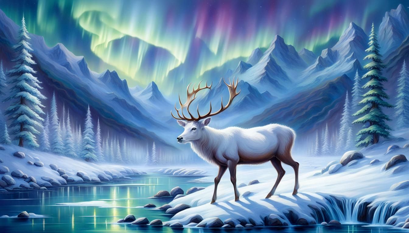 White Stag Drinks Under Aurora Borealis