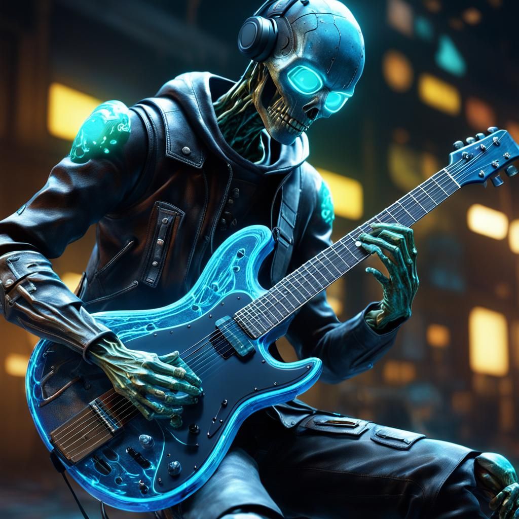 Bioluminescent Biopunk Android Guitarist in 3D