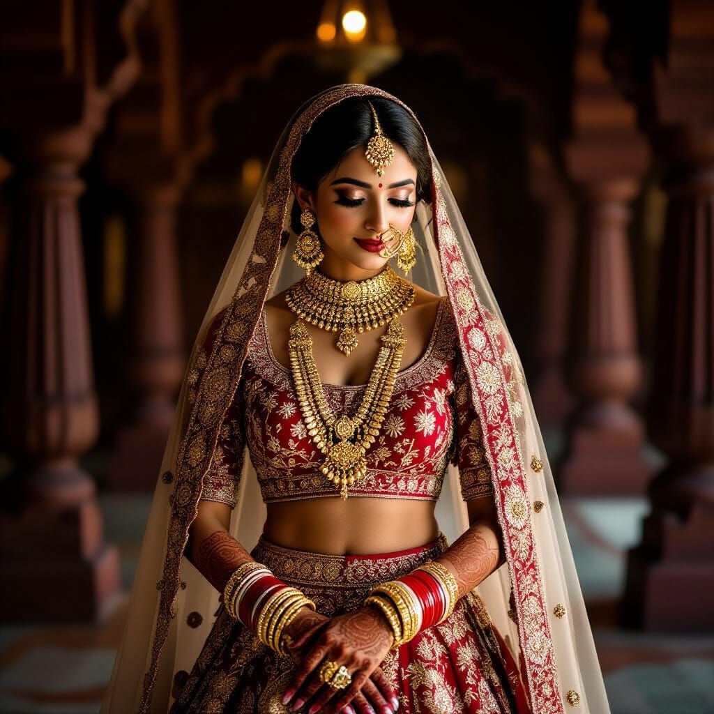 Regal Indian Bride in Ornate Lehenga, Cinematic Portrait