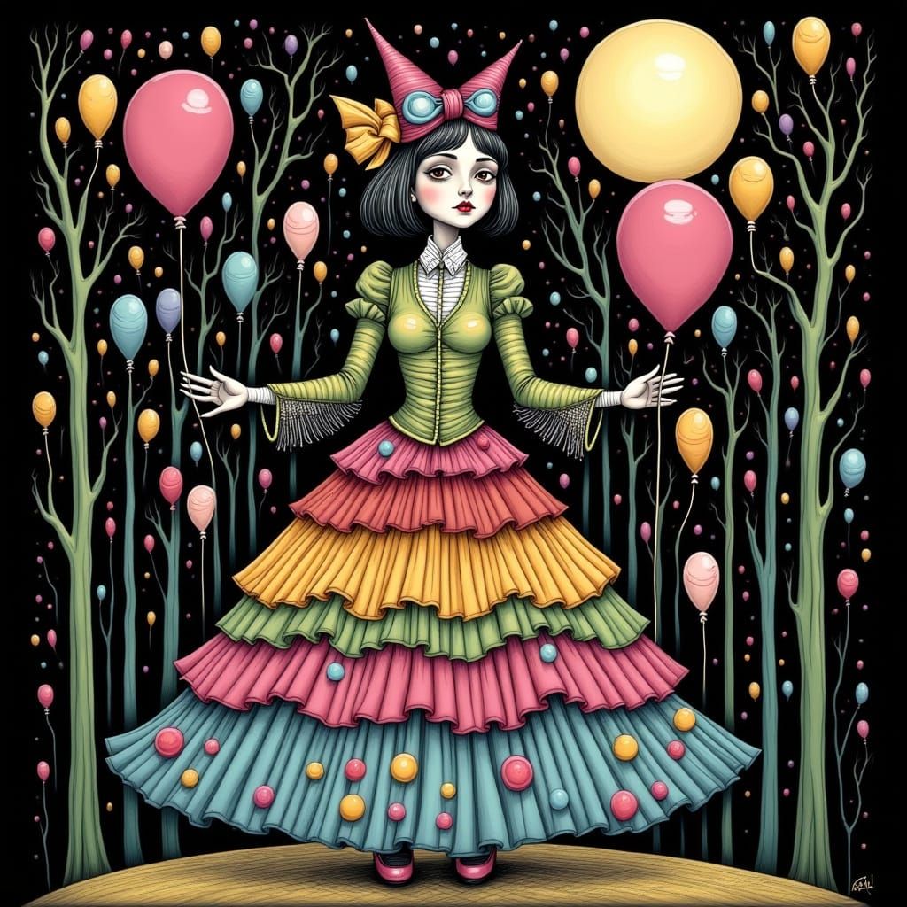 Whimsical Woman in Eerie Storybook Dreamscape