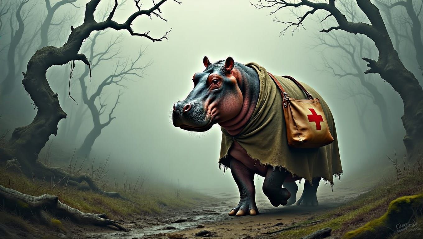 Hippopotamus in Dark Fantasy Mountainside