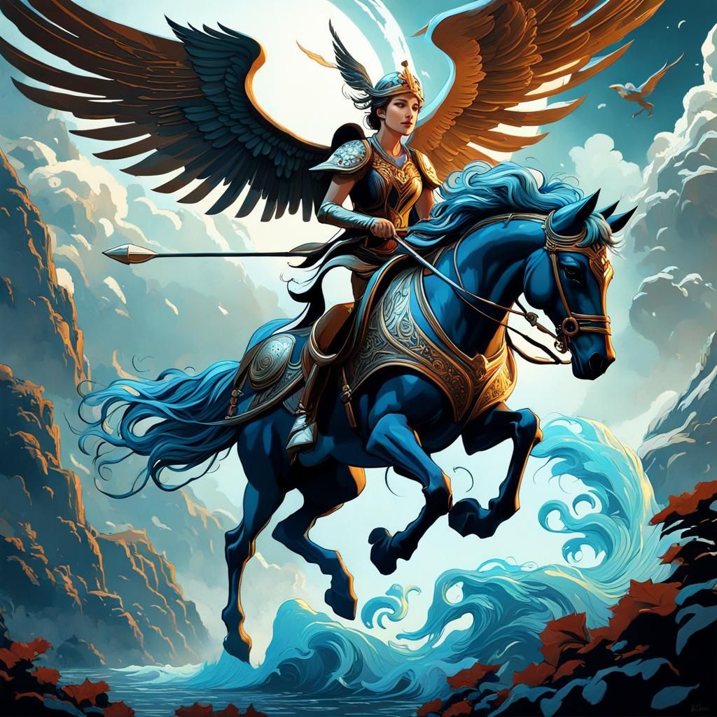 Valkyrie Rides Pegasus in Art Nouveau Linocut