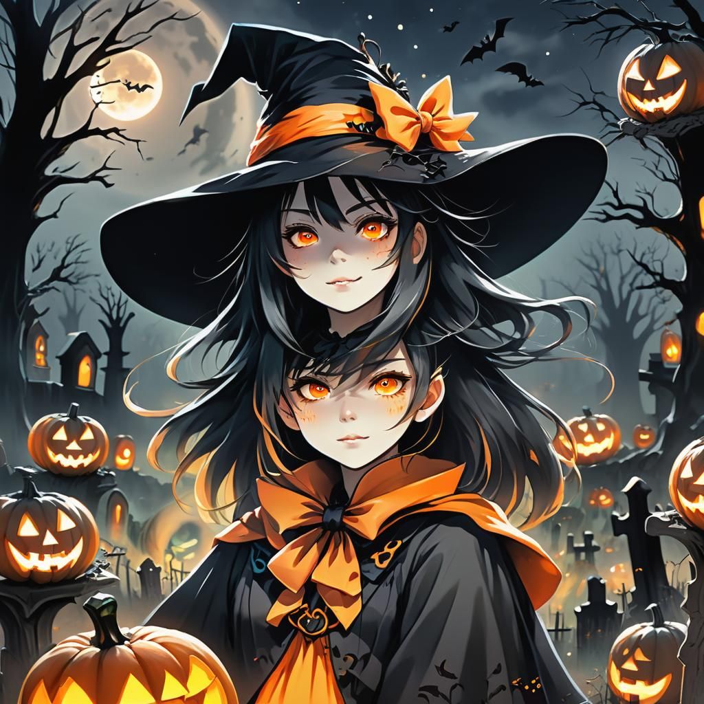 Playful Anime Witch in Spooky Graveyard