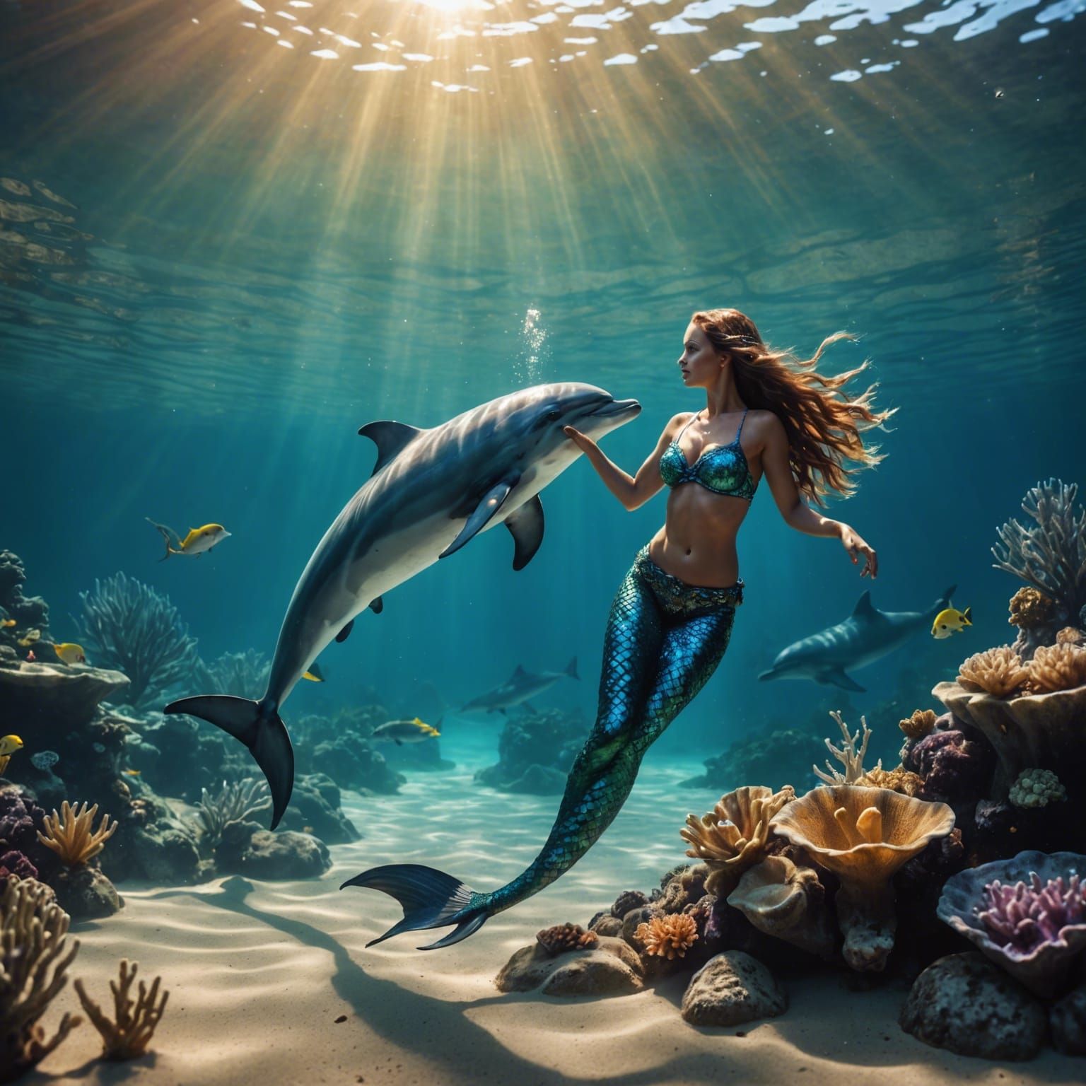 Mermaid and Dolphin Underwater Scene in Detailed Matte Paint...