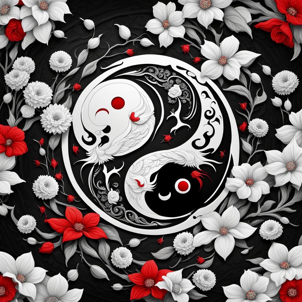 Yin Yang Symbol with Angel, Devil, and Flowers