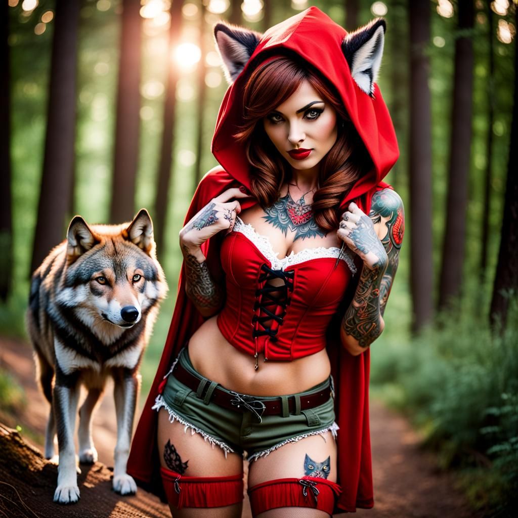 Little Red Riding Hood Tattoo Art in Watercolor Style